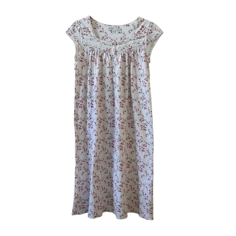 Eileen West Women's 100% Cotton Short Sleeve Floral Nightgown Lace Trim Small